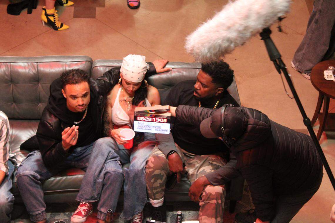 The crew of “Love and Other Crimes” films a party scene April 22 at the Lake Whatcom Manor in Bellingham, Wash.