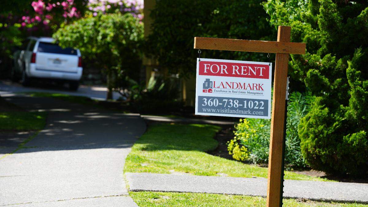 A Landmark rental property has a ‘For Rent’ sign posted outside on May 21, 2025, in Bellingham, Wash.