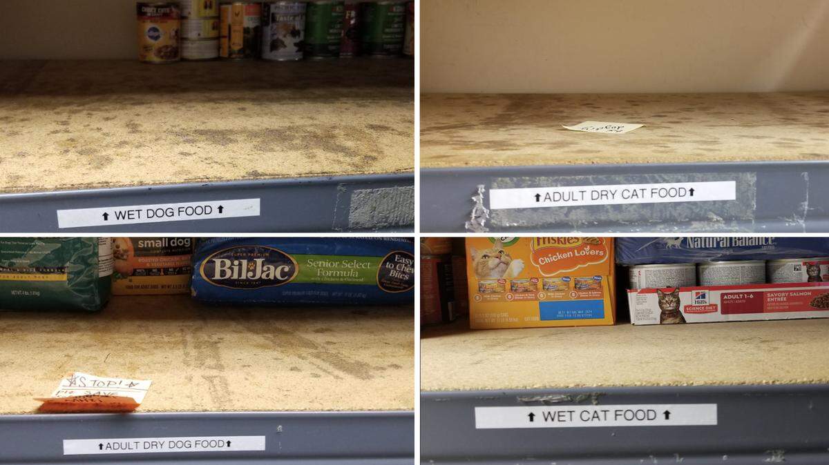 The Whatcom Humane Society took to social media asking for donations for its pet food bank, posting photos of its nearly empty dog and cat food shelves.