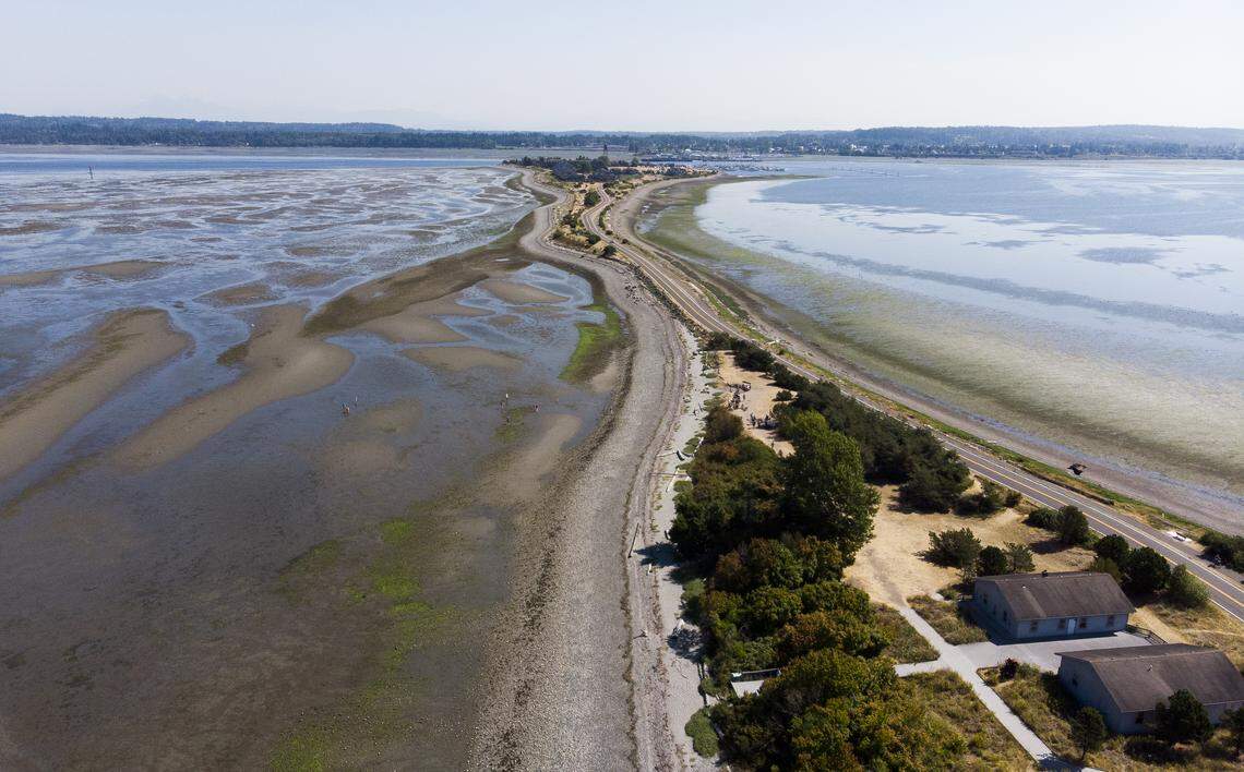 Semiahmoo Spit, in Blaine, provides access to Semiahmoo Bay, left, and Drayton Harbor.