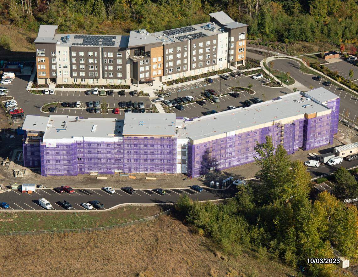 An aerial view shows the Celestia housing development next to its sister building, in the Cordata neighborhood on October 3, 2023.