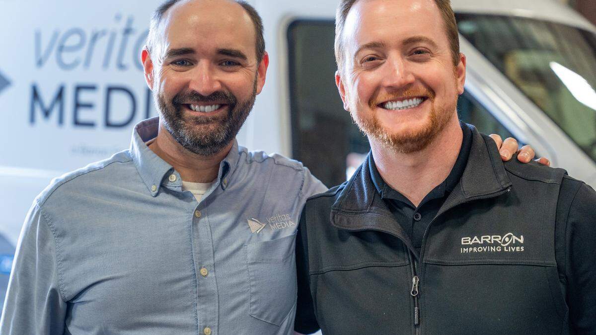 Josh Burdick, left, founder of Veritas Media, and Brad Barron, right, CEO of Barron Heating AC Electrical & Plumbing on Thursday, May 9, 2024.