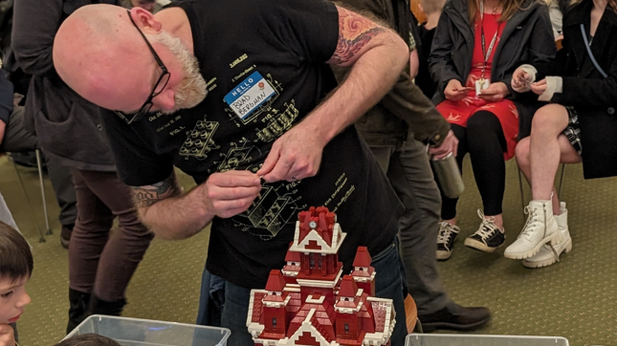 Bellingham local Brad Bergman, who competed on the Fox competition show Lego Masters, builds his Lego model of the Whatcom Museum’s Old City Hall building. Bergman will be on hand at the museum’s Lego + Libations event to show participants how to assemble the Lego set.