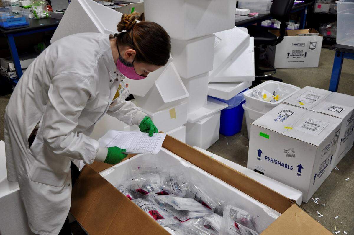 A lab tech unpacks tests at Northwest Laboratory, based in Bellingham, which completed its millionth COVID-19 test on Friday, Nov. 23, since March. The lab is providing COVID-19 testing for multiple county health departments in 35 states.