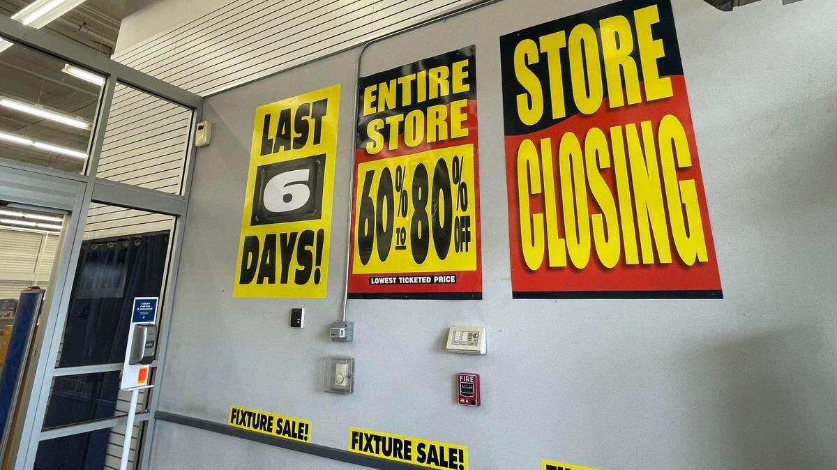 Store closing and discount sale signs line the entry to the closing Bed Bath and Beyond store on Tuesday, April 18, at 4255 Meridian St. in Bellingham.