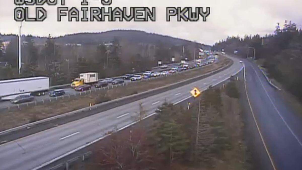 Efforts to remove hazardous trees along southbound Interstate 5 in the Lake Samish area caused a 7-mile backup on Monday as recorded on a Washington State Department of Transportation camera near Old Fairhaven Parkway.