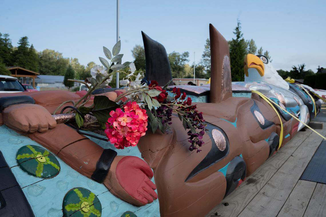 A totem pole being gifted to the Biden administration from the House of Tears Carvers of the Lummi Nation departs for Washington D.C. on Wednesday, July 14, in Whatcom County.