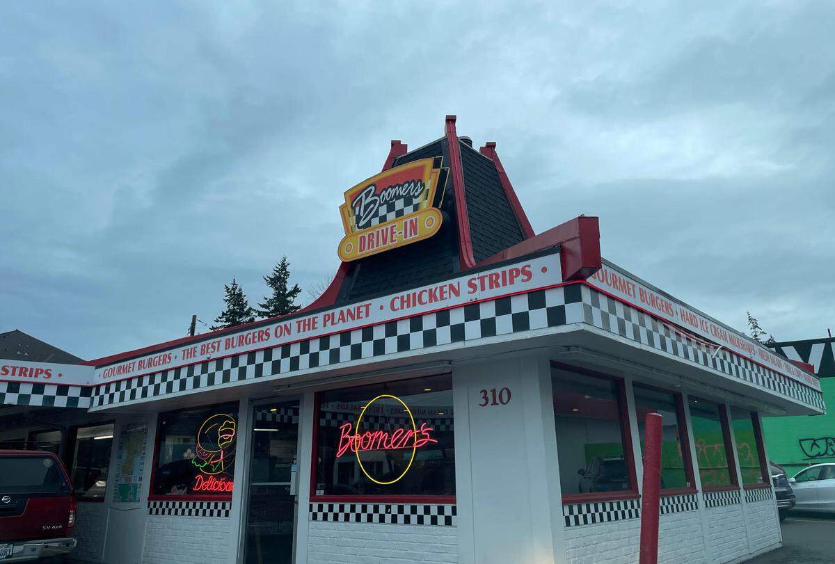 Boomers Drive-In in Bellingham, Wash., on Friday, Jan. 6, 2023. The restaurant is celebrating its 34th anniversary by making every burger on its menu $3.44.