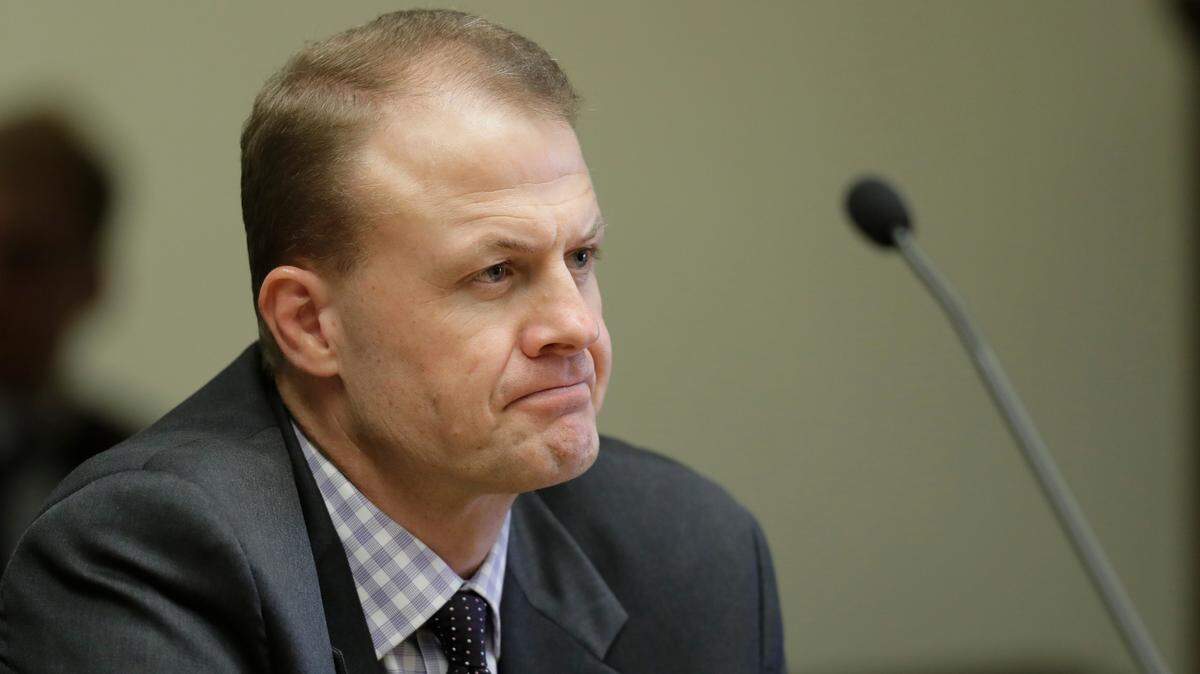 Initiative activist Tim Eyman appears in Thurston County Superior Court, Friday, Feb. 22, 2019, in Olympia. A Thurston County Superior Court judge on Monday, Sept. 30, 2019, ordered for-profit signature-gathering firm Citizen Solutions and its principal, William Agazarm, to collectively pay more than $1 million for deceiving Washington state residents by funneling their campaign donations to Eyman for Eyman’s personal use.
