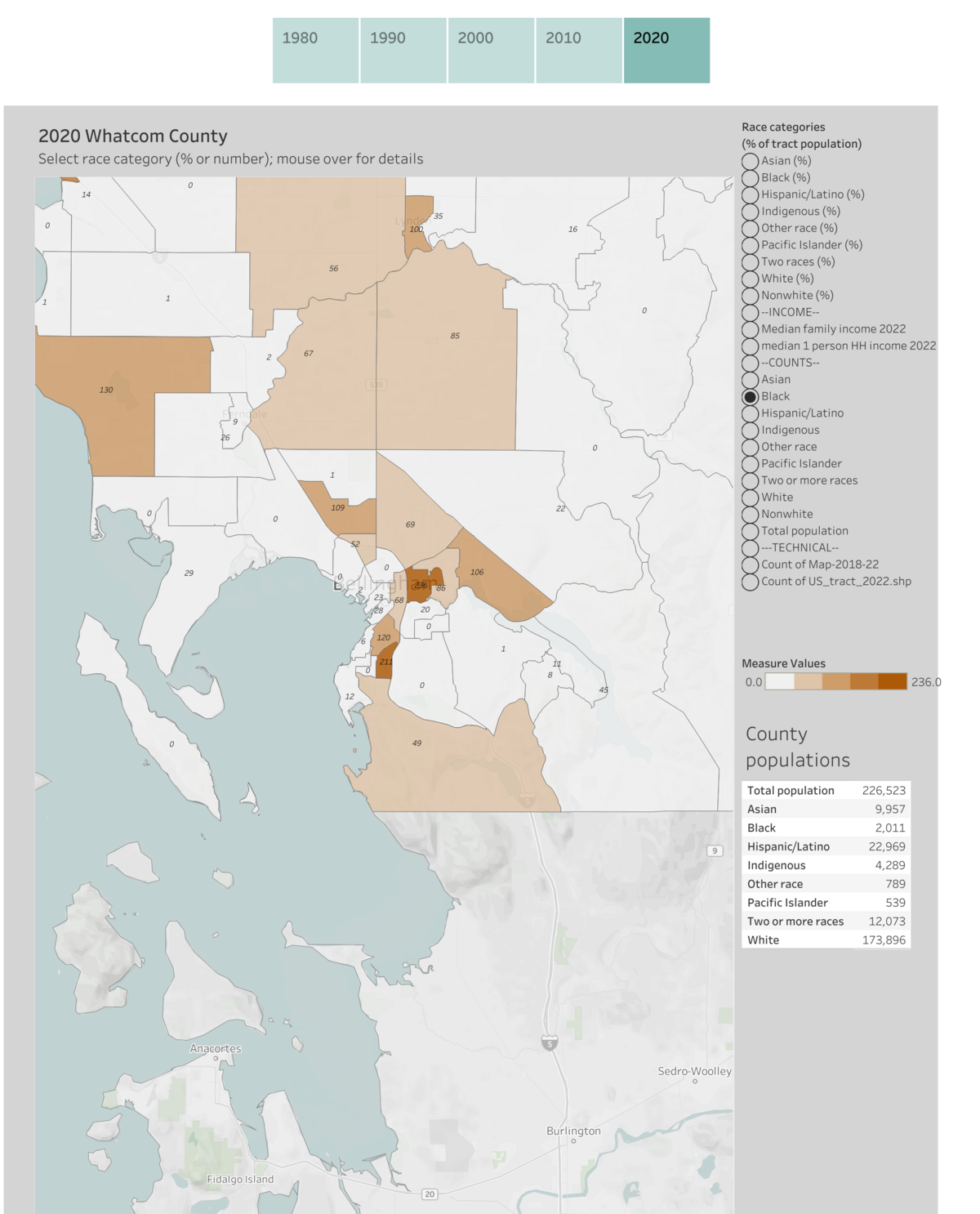 A screenshot of an interactive map created as part of the Washington State Racial Restrictive Covenants Project shows the number of Black residents living in different areas of Whatcom County in 2020. The project website allows you to interact with this map by toggling population numbers of race categories over the decades. The map helps show the impacts of exclusion and restrictive policies on today’s residency patterns