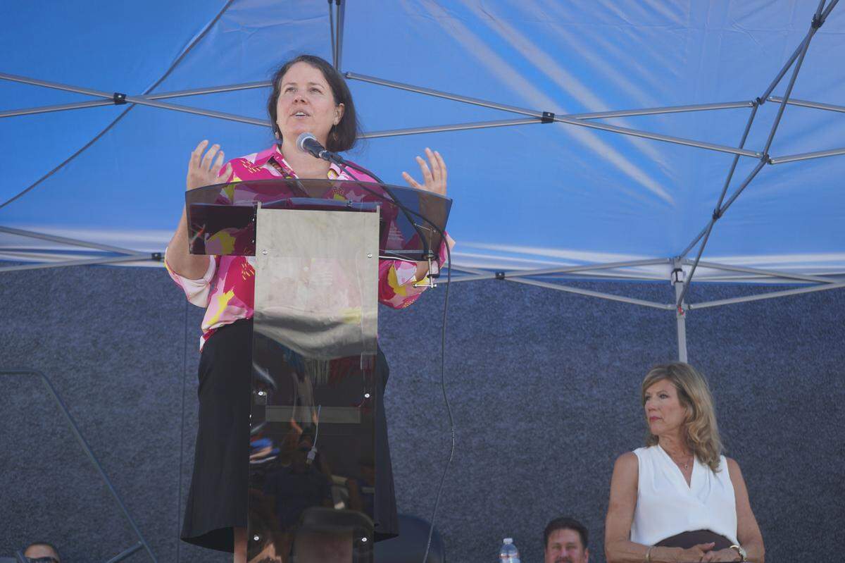 Senator Sharon Shewmake speaks on Aug. 17, 2023, at the ribbon-cutting ceremony for the new Youth Crisis Triage Intensive Outpatient Center in Everson, Wash.