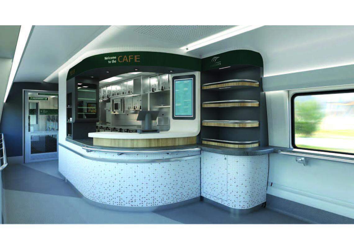 New spacious cafe cars will feature local Northwest favorite foods along with some self-service food options as a new fleet of Northwest-themed Amtrak Cascades trains will transport passengers in style between Seattle, Vancouver, BC, Portland and other stations along the I-5 corridor when eight new trainsets and two new locomotives arrive in the Pacific Northwest in 2026.