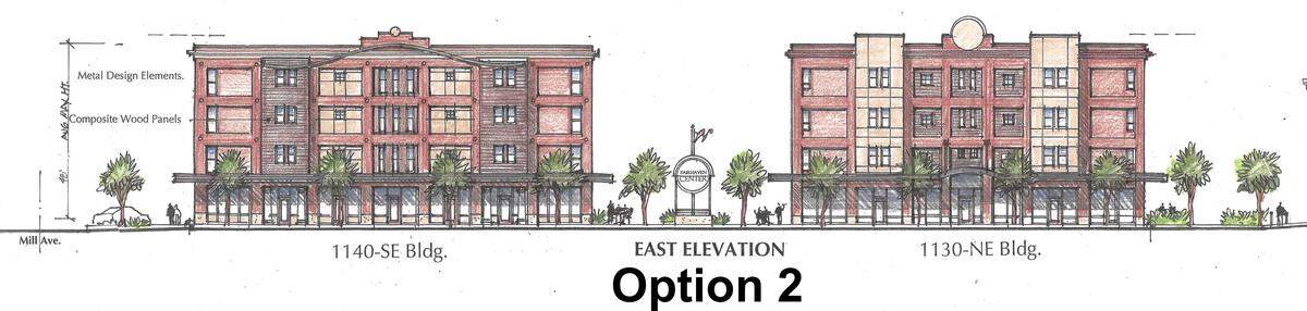 A rendering shows the second design option for a Fairhaven mixed-use development proposal.