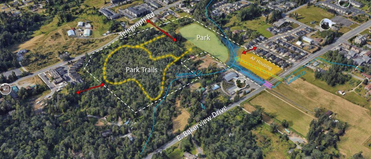 An aerial photo shows the location of the proposed East Bakerview Neighborhood Park between Deemer Road and James Street.
