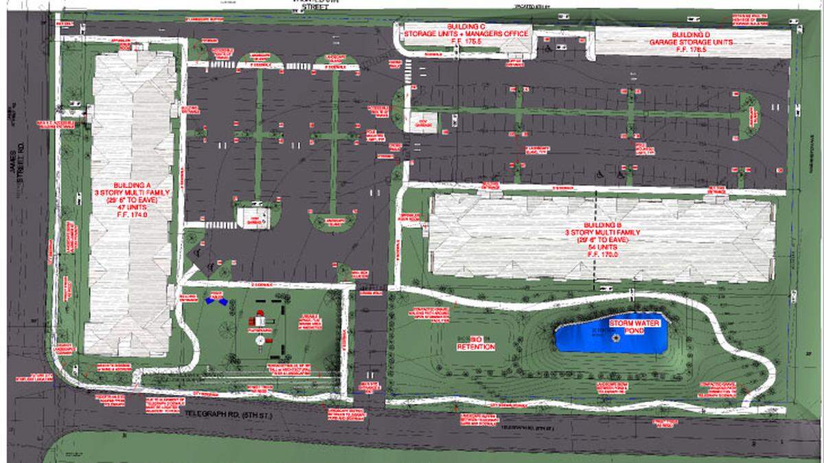 A developer has proposed building a 101-unit apartment complex that includes parking and garage and storage buildings in the King Mountain area.