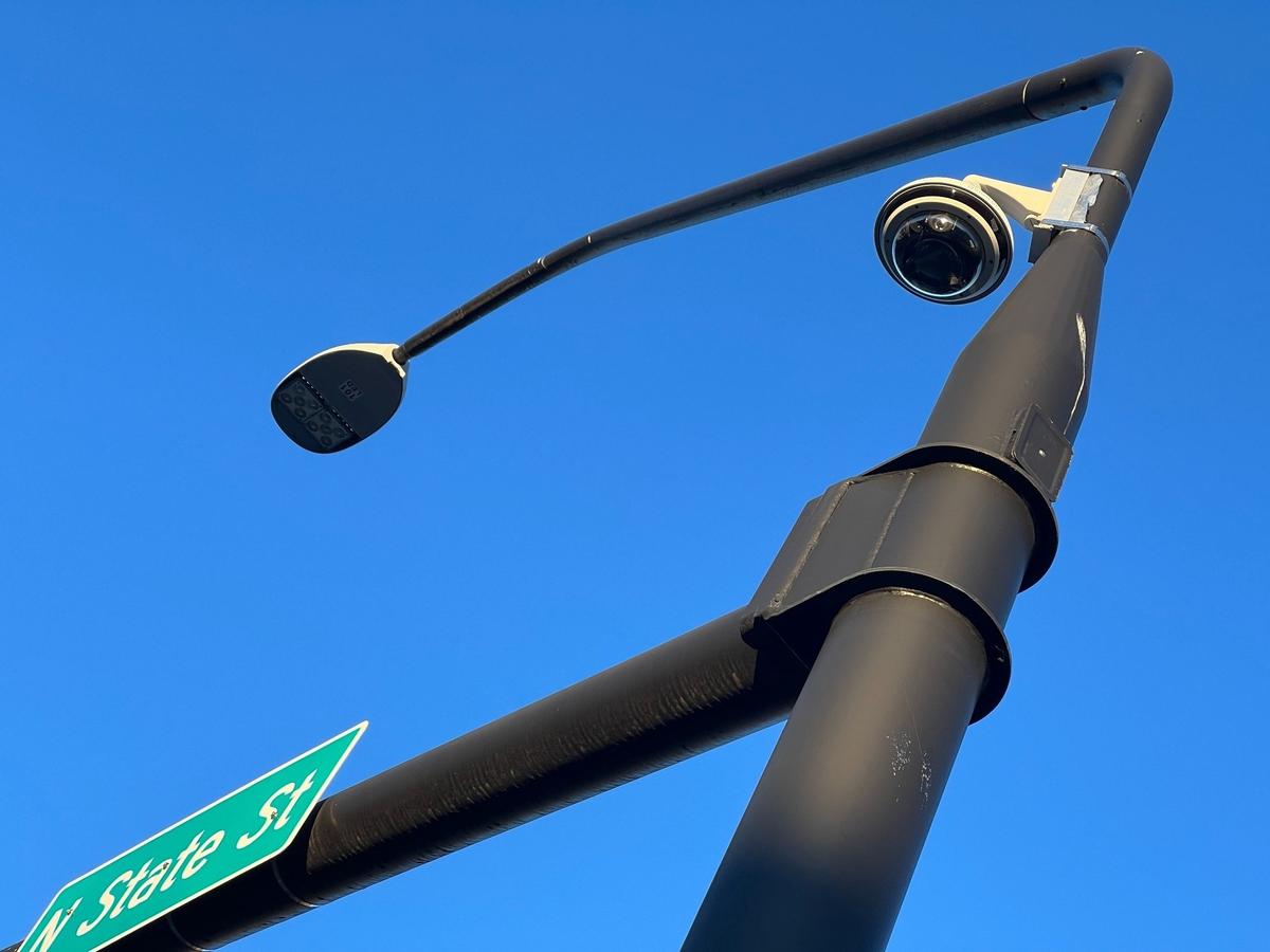 A multi-directional camera mounted on a street light pole monitors traffic on Wednesday, March 29, at the intersection of State and Holly streets in downtown Bellingham.