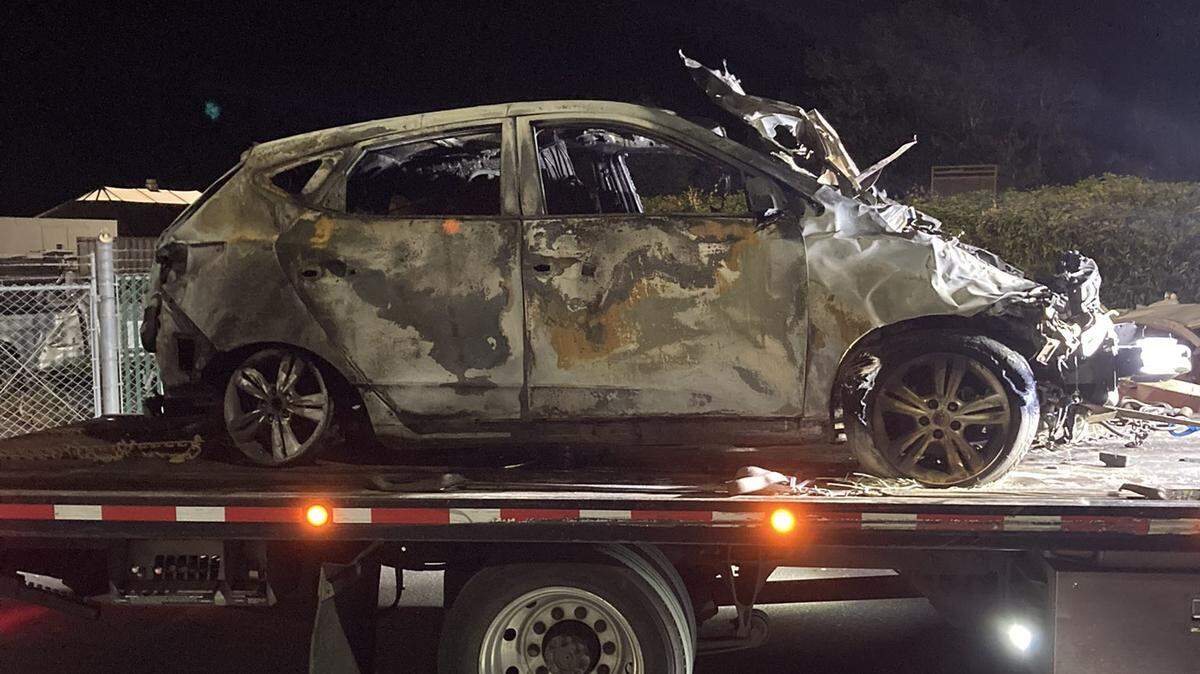 The stolen Hyundai Tuscon burst in flames and was completely engulfed after the driver collided with a civilian in Surrey, British Columbia on Saturday, July 22, 2023.