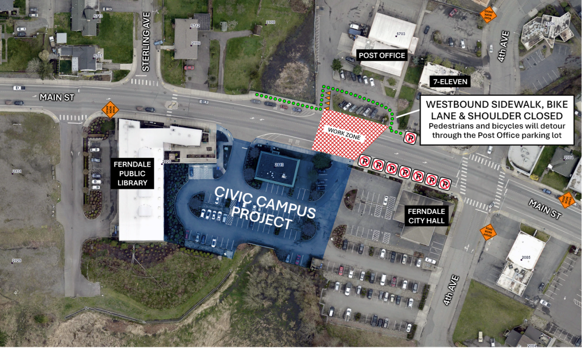 Drivers should expect delays on Main Street on Tuesday, April 28, and Wednesday, April 29, 2026, from 7 a.m. to 5 p.m. as traffic is shifted between lanes as part of the Civic Campus Project in Ferndale, Wash.