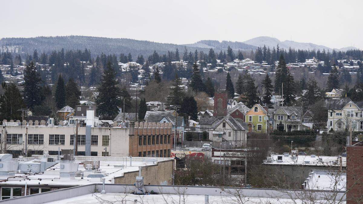 Downtown rooftops are dusted in snow on the morning of Feb. 3 in Bellingham.