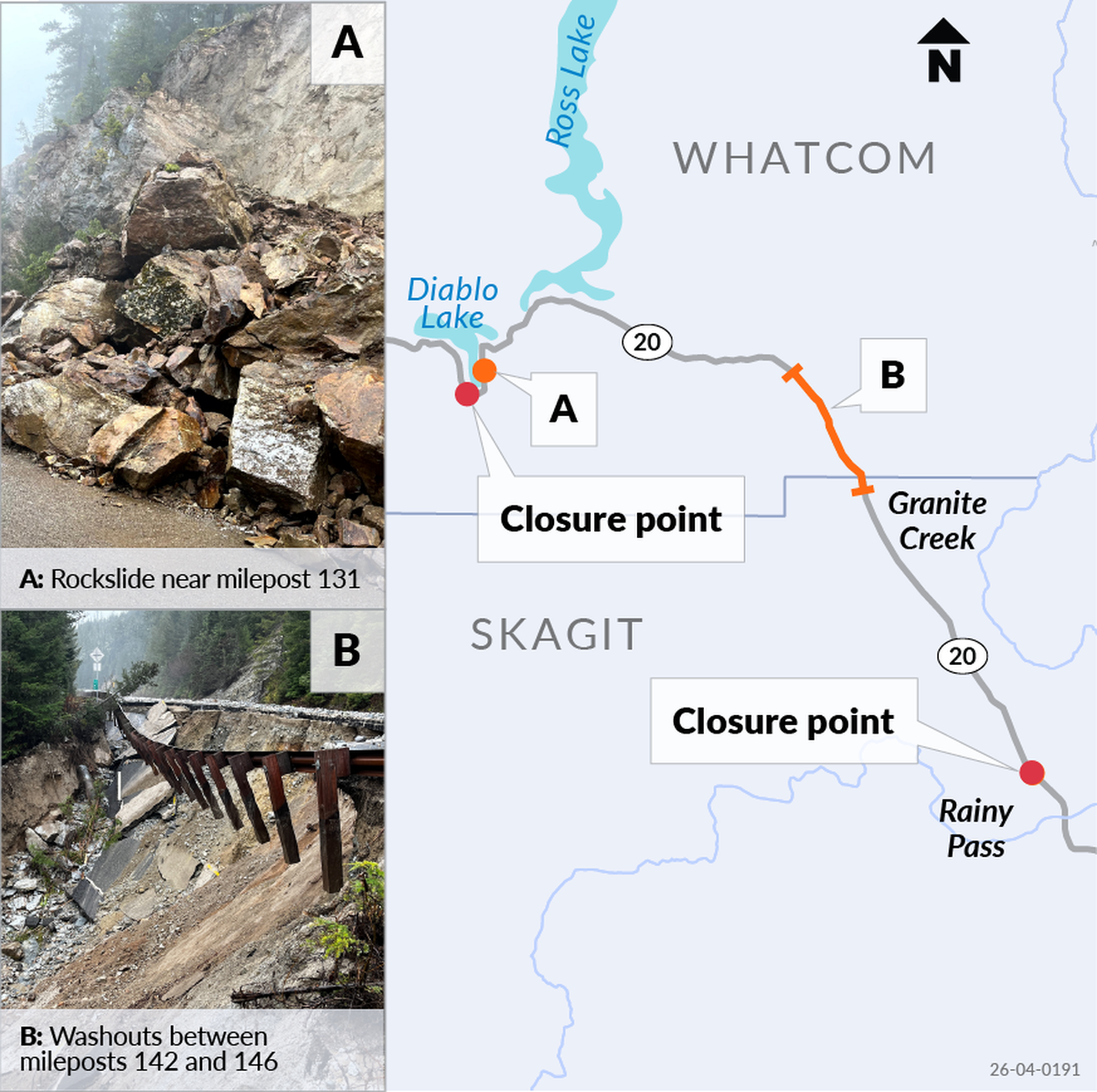 A map from the Washington State Department of Transportation shows the closure sites where work is underway to repairs a rock slide (A) and where the road was undermined by winder storms (B) on the North Cascades Highway in southeastern Whatcom County.