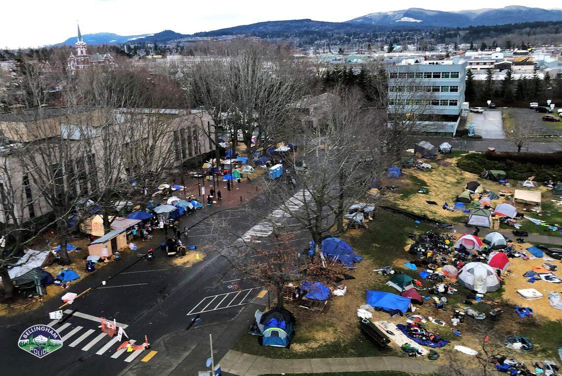 The Bellingham, Wash., Police Department said on Twitter that it has started clearing the Camp 210 homeless encampment at City Hall at 9 a.m. Thursday, Jan. 28, 2021.