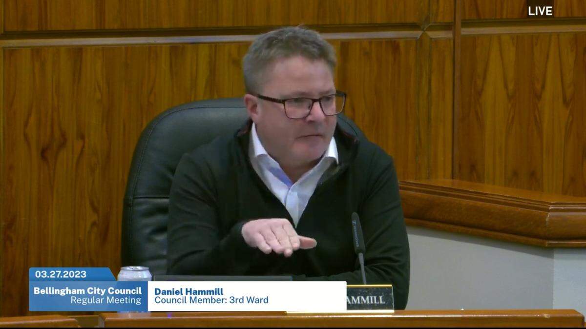 In a screen grab from video, Bellingham City Council member Dan Hammill discusses a proposed ordinance to criminalize illegal drug use in public at its meeting Monday night, March 27, at City Hall in Bellingham.