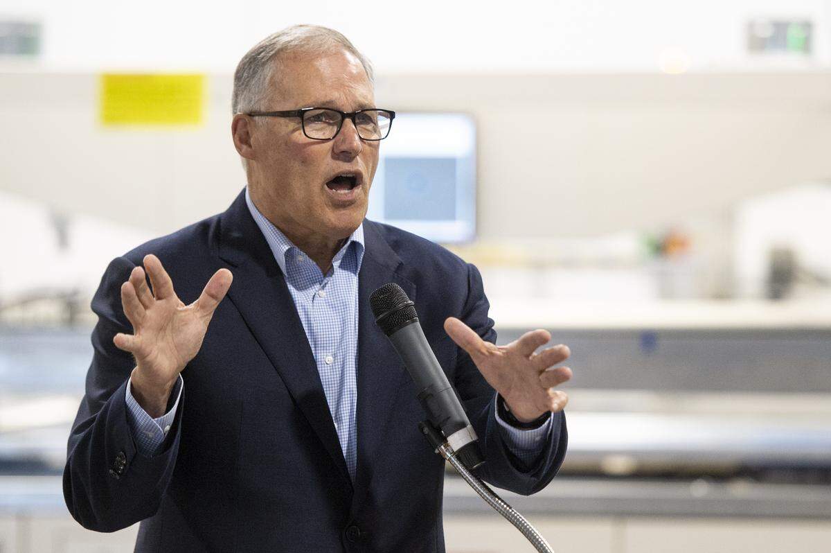 Washington Governor Jay Inslee speaks during an event at Silfab Solar in Bellingham Wednesday. Inslee is also one of 20 democratic candidates for the 2020 presidential race.