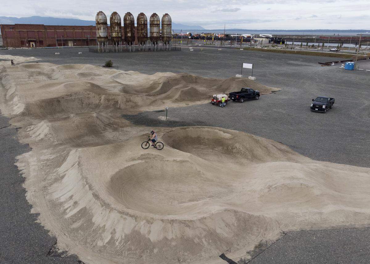 Bellingham’s waterfront pump track opened to riders on the old Georgia-Pacific property in Bellingham, Wash., Monday, Sept. 2, 2019.