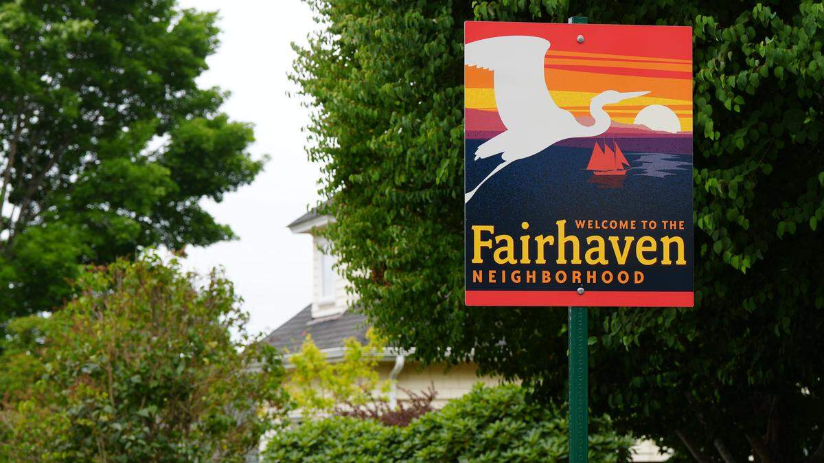 A sign welcomes people to the Fairhaven Neighborhood in Bellingham.