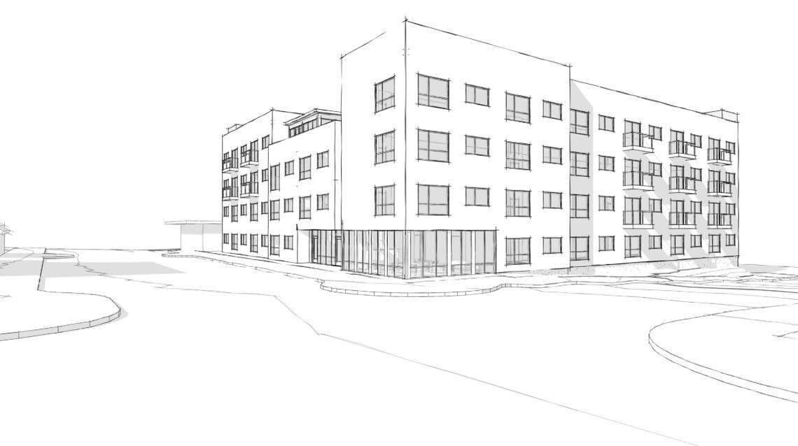 A sketch shows the proposed design of the Unity Street Redevelopment affordable housing project.