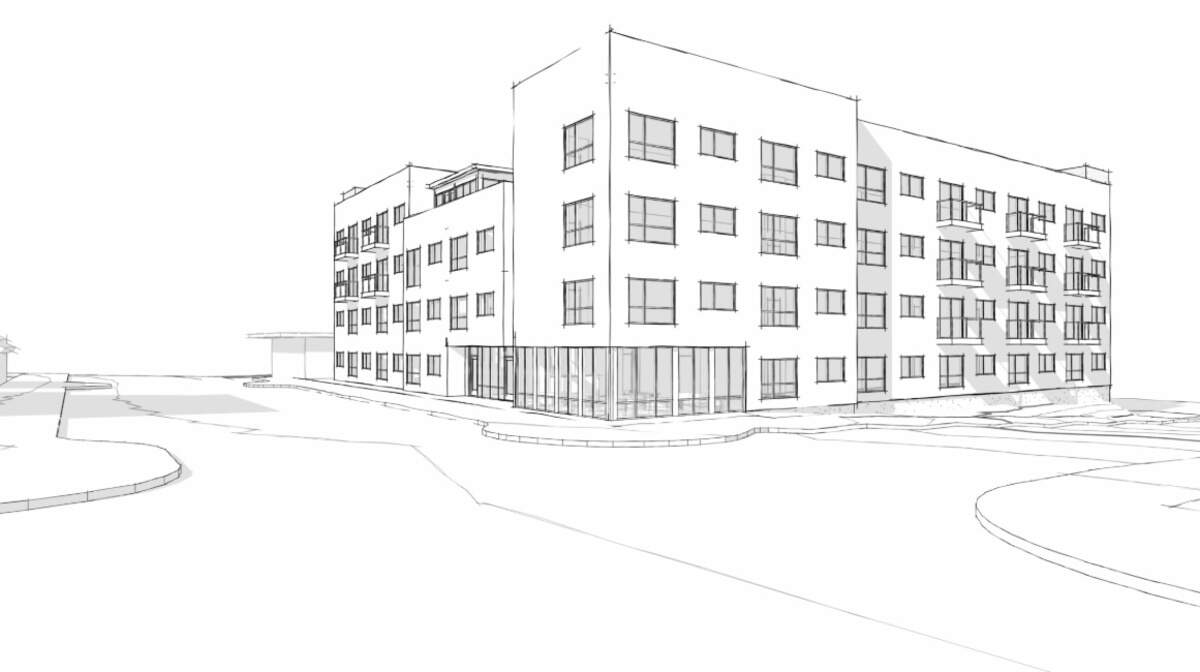 A sketch shows the proposed design of the Unity Street Redevelopment affordable housing project.