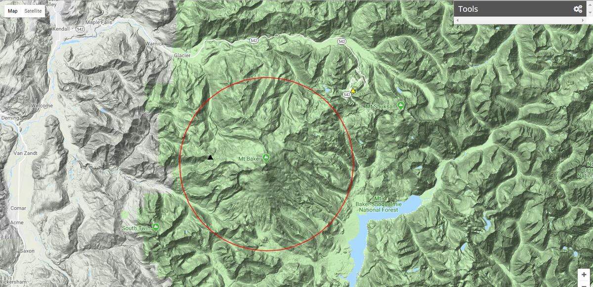 A relief map of Mount Baker is shown March 19, 2018, at the Pacific Northwest Seismic Network's website. Triangles show location of seismographs. No recent earthquake activity has been recorded in the region.