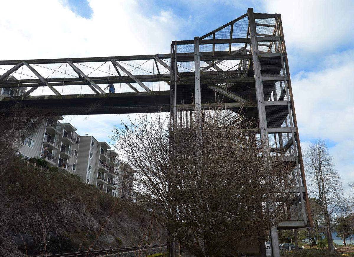 The pedestrian trestle over the railroad at the north end of Boulevard Park in Bellingham. The city closed the trestle in February 2016 after finding wood rot in the upper beams.