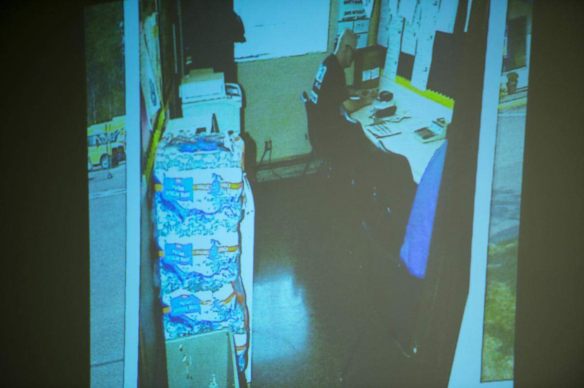 Special prosecuting attorney David McEachran displays a photo exhibit showing the room at Franz Bakery where Timothy Bass’ coworker Kim Wagner gathered evidence with Bass’ DNA on it during the trial Thursday in Whatcom County Superior Court.