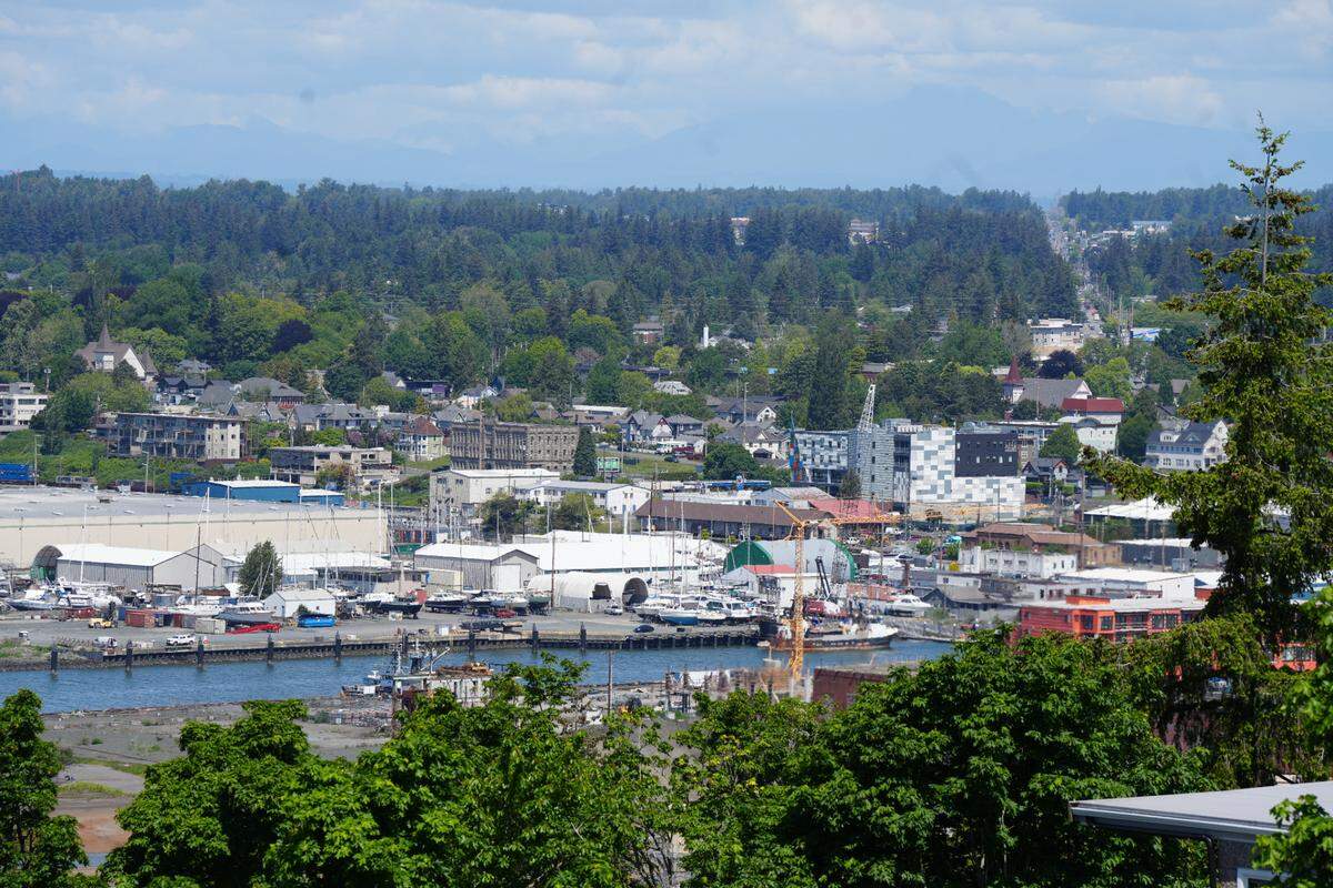Bellingham’s working waterfront is seen from Western Washington University’s campus on May 21, 2025.