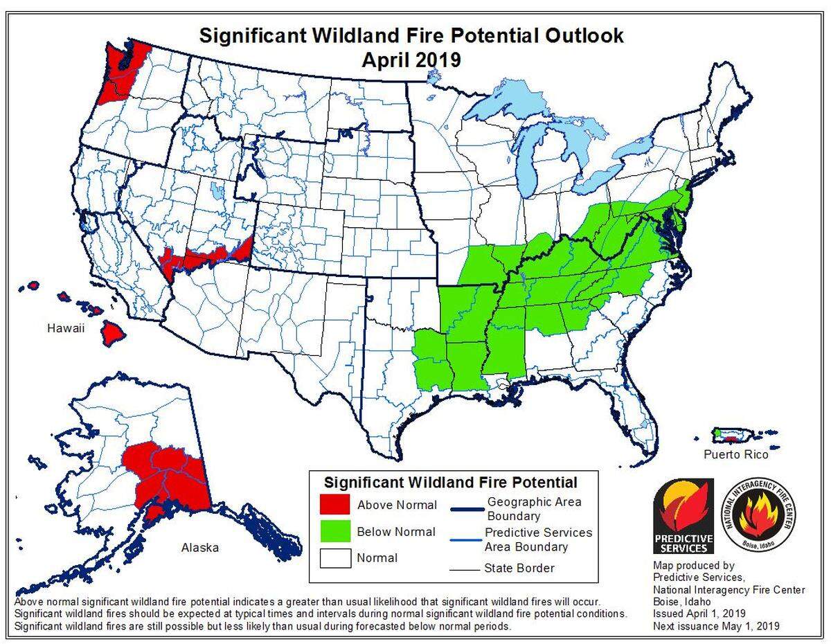 Wildfire potential in Oregon and Washington is “above normal,” according to the National Interagency Fire Center in a report issued April 1, 2019.