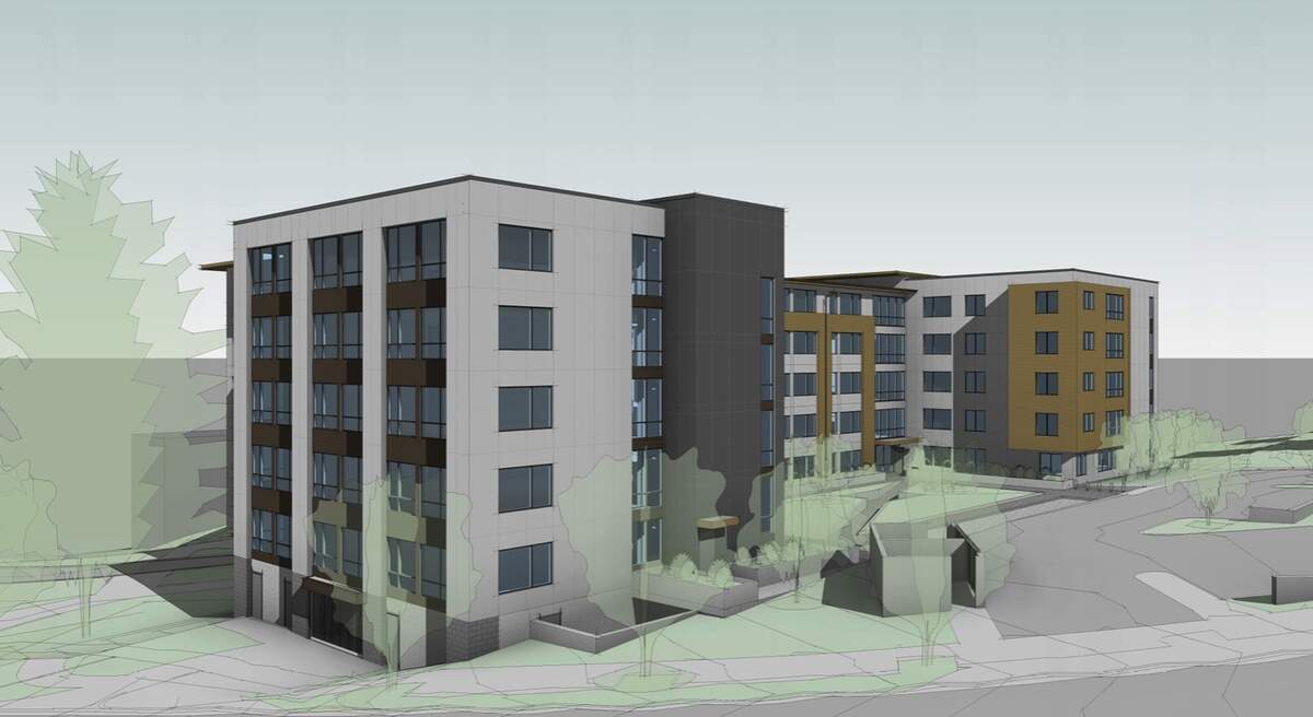 A rendering shows a south-side view of the planned State Street Creamery housing project at 820 N State Street in Bellingham, Wash. Construction on the 98-unit project is expected to begin in March 2024.