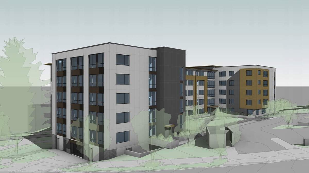 A rendering shows a south-side view of the planned State Street Creamery housing project at 820 N State Street in Bellingham, Wash. Construction on the 98-unit project is expected to begin in March 2024.