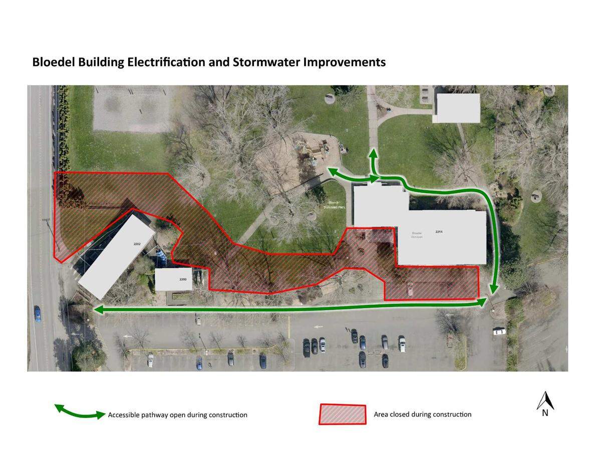 The area shaded in red shows where the construction equipment will be staged for work in summer 2024 at Bloedel Donovan Park.