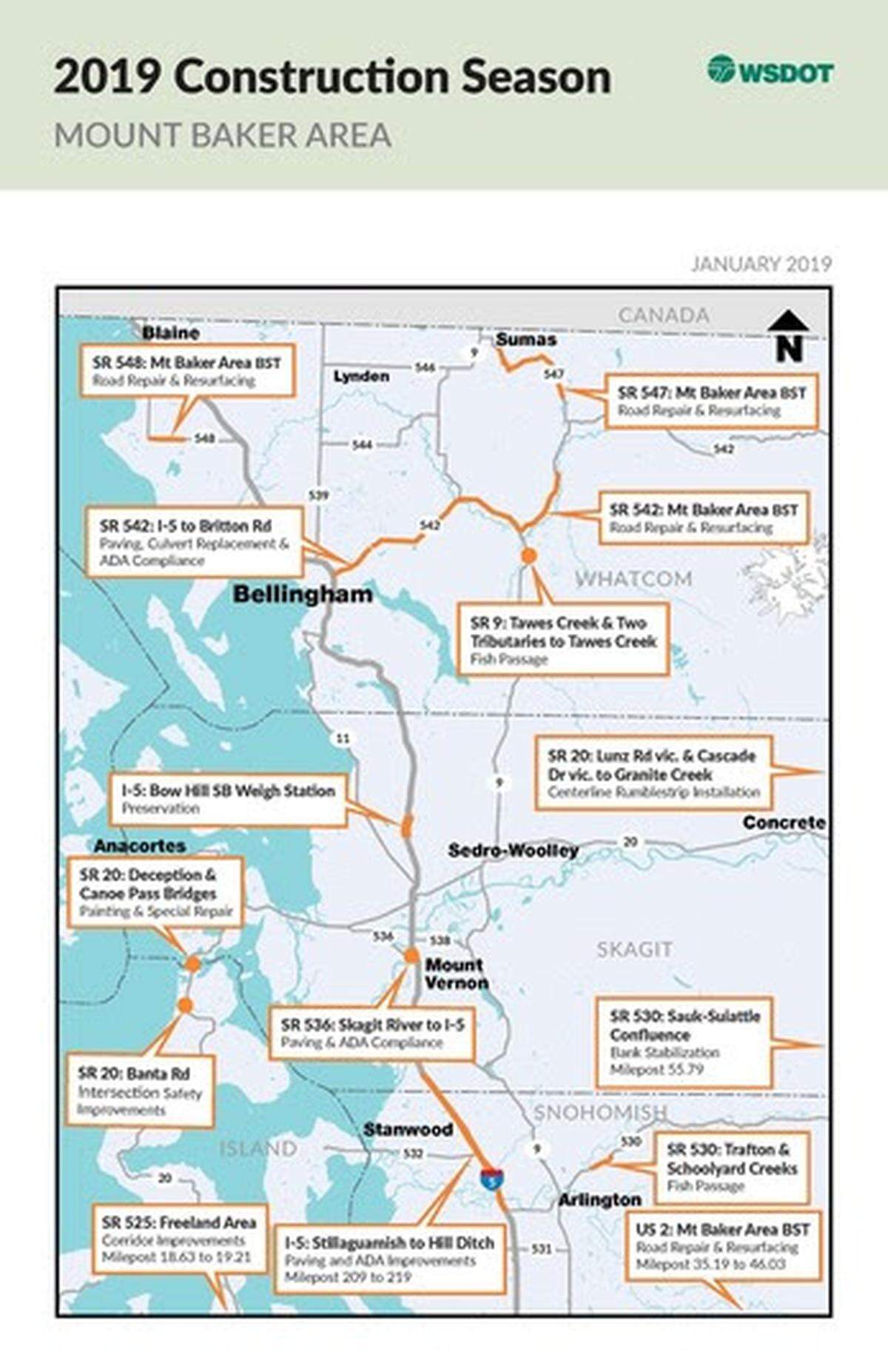 A map shows the approximate location of state highway construction projects in Whatcom County.