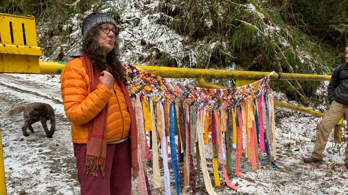 Jillian Froebe stands next to the Multifaith Network for Climate Justice’s Net of Interconnection at a community forest walk in Whatcom County on Saturday, Feb. 26. Each strip of cloth added to the net contains the writer’s earnest blessing for or pledge of commitment to earth justice for all beings. The net is intended to travel through Whatcom faith and wisdom communities to be continuously added to.