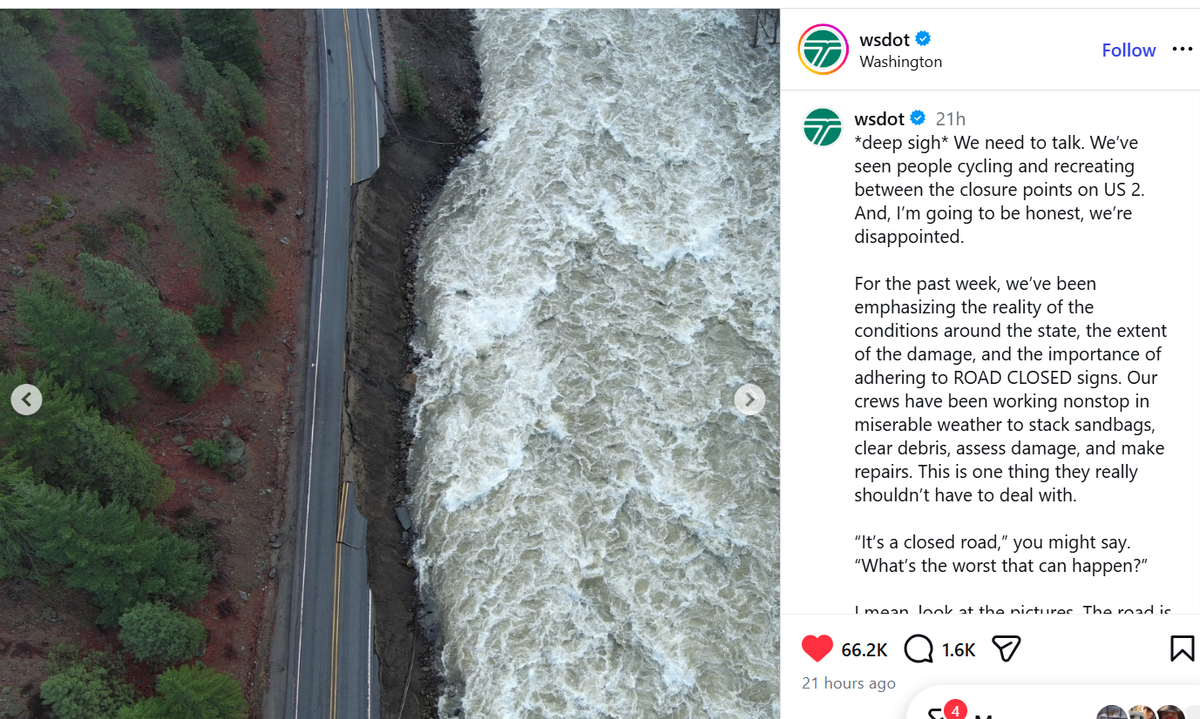 A screenshot of a Washington State Department of Transportation Instagram post showing U.S. 2 closed at Stevens Pass due to storm damage.