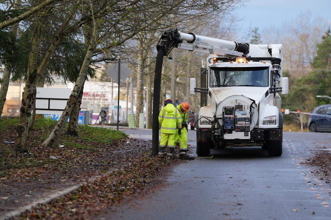 City crews used a Vactor truck as part of the cleanup efforts at the encampment behind Walmart.