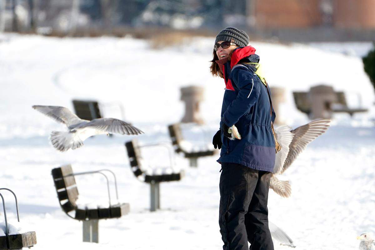 A woman turns back to eye gulls surrounding her hoping for a treat as she walks in a snow-covered park Tuesday, Dec. 28, in Bellingham.