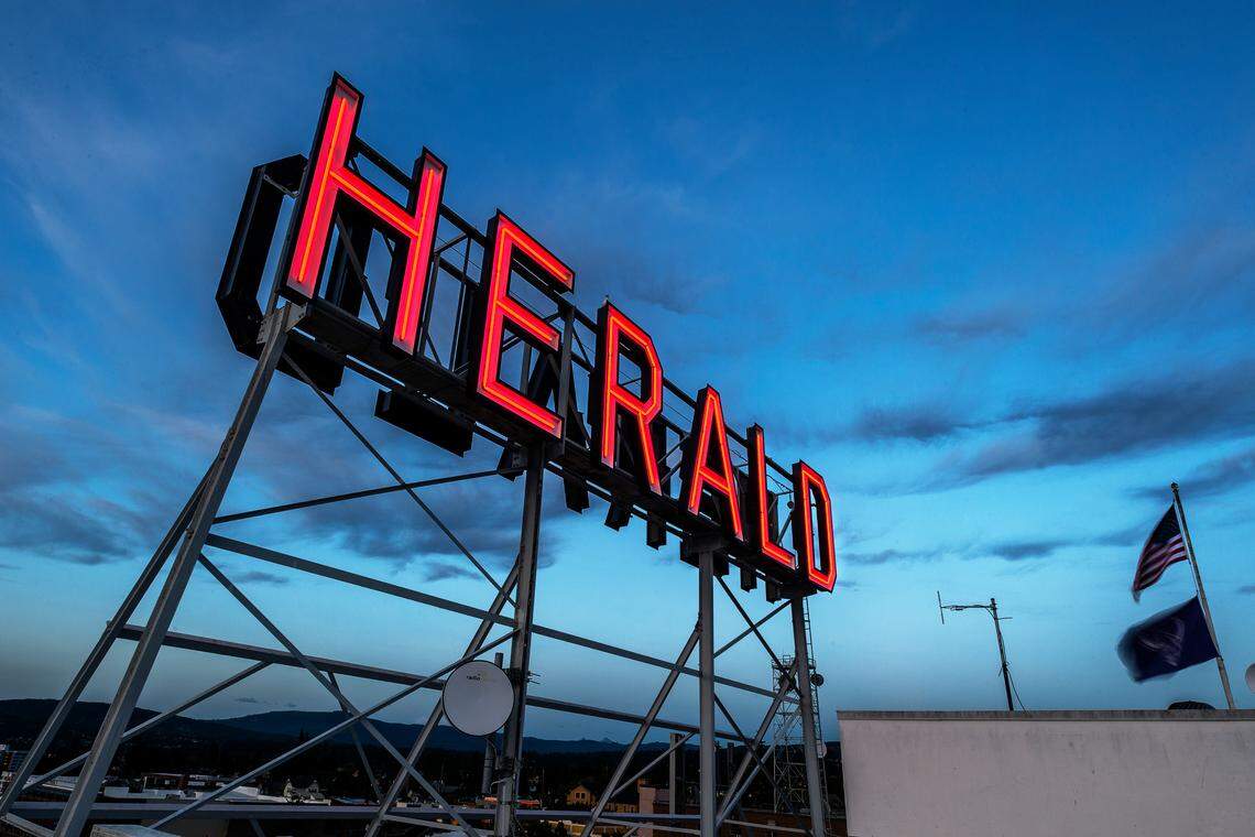Photos of the Herald Building and sign on Thursday evening Aug. 1, 2019, in Bellingham, Wash. (photos © Paul Conrad/Paul Conrad Photography)