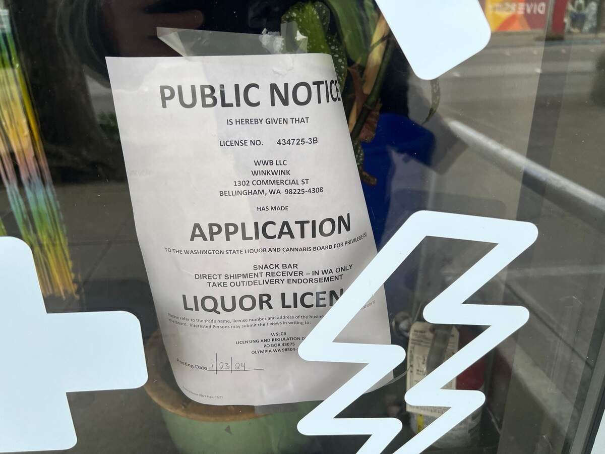 A public notice for a liquor license application posted at Wink Wink on Feb. 27, 2024 at 1302 Commercial St. in Bellingham, Wash.