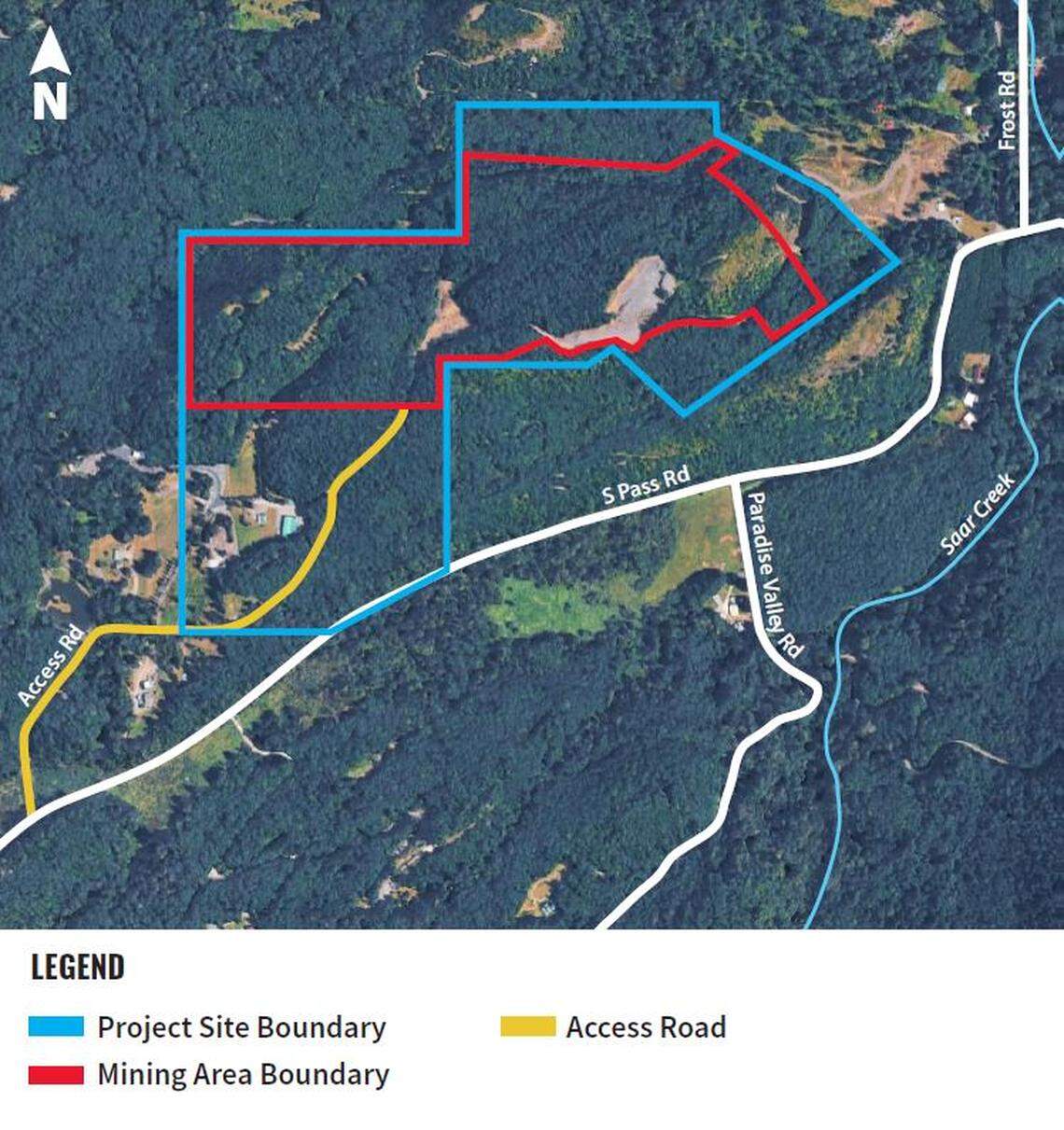 An aerial image shows the location of a proposed open-pit rock quarry southeast of Sumas in Whatcom County.