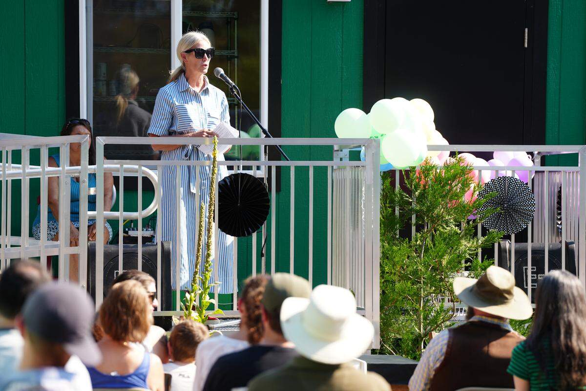 Mayor Kim Lund speaks at the grand opening celebration of North Haven tiny home village on Aug. 26, 2025, in Bellingham.