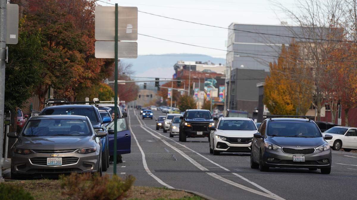 Vehicles drive along North State Street in October 2025 in Bellingham, Washington.