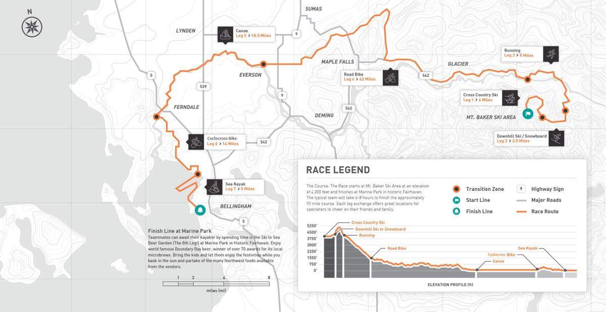 The orange line shows the 93-mile route of the 2023 Ski to Sea race, starting at the Mt. Baker Ski Area and ending at Marine Park in the Fairhaven shopping district of Bellingham, Wash.